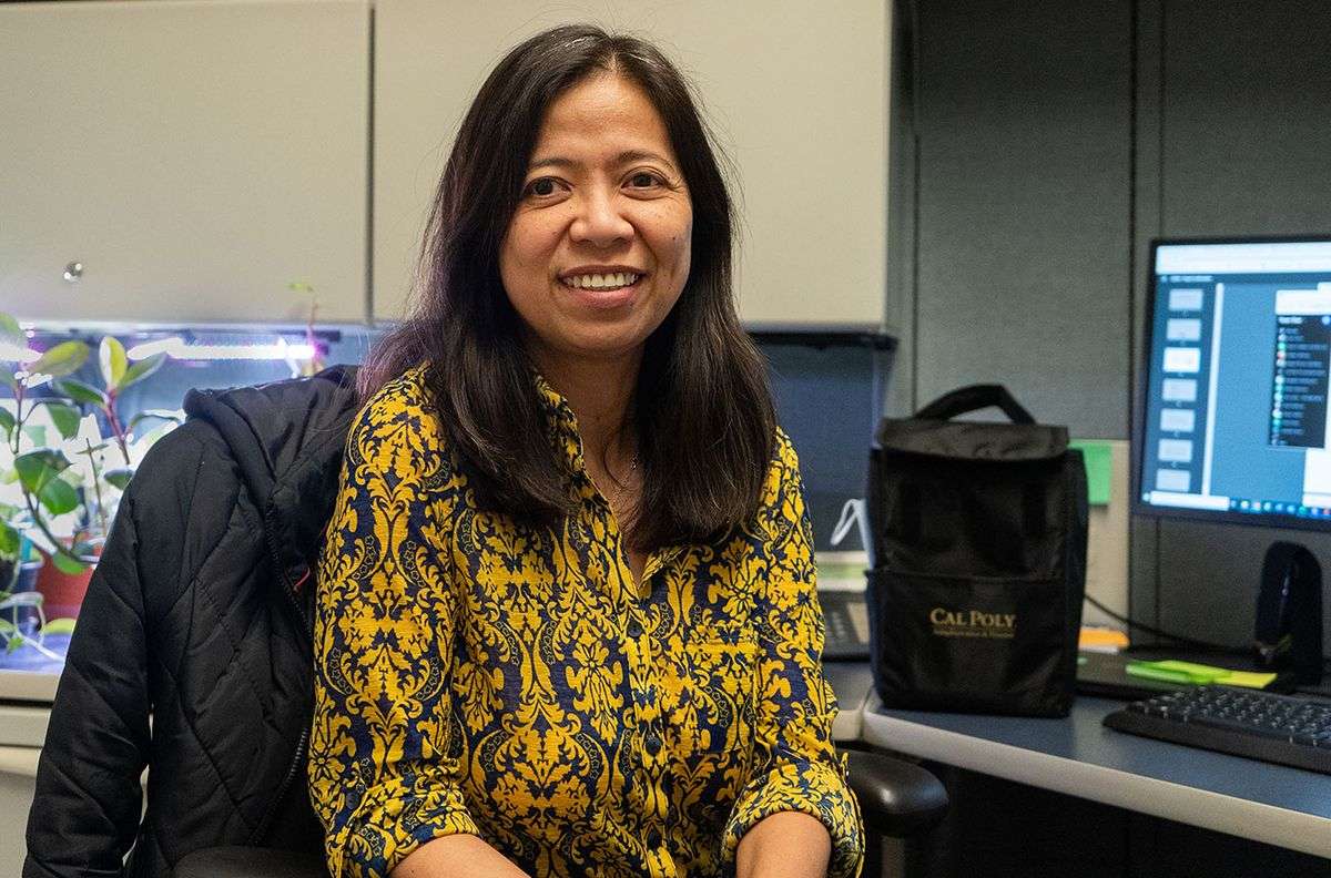 Woman in a yellow and blue patterned shirt sitting in an office chair by a desk with a computer and plants.