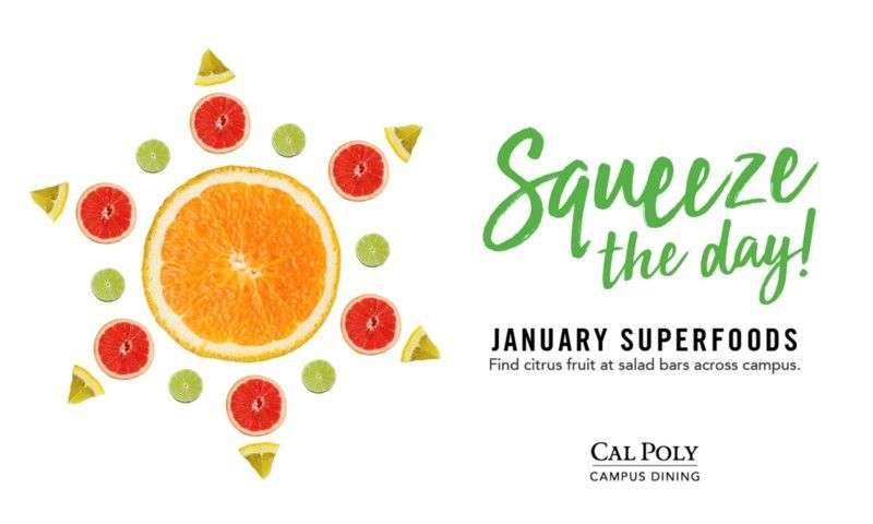 Orange slice surrounded by lime, grapefruit, and lemon pieces arranged in a star shape with text "Squeeze the day! January superfoods.