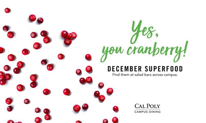Red cranberries scattered on a white background with text "Yes, you cranberry! December Superfood.