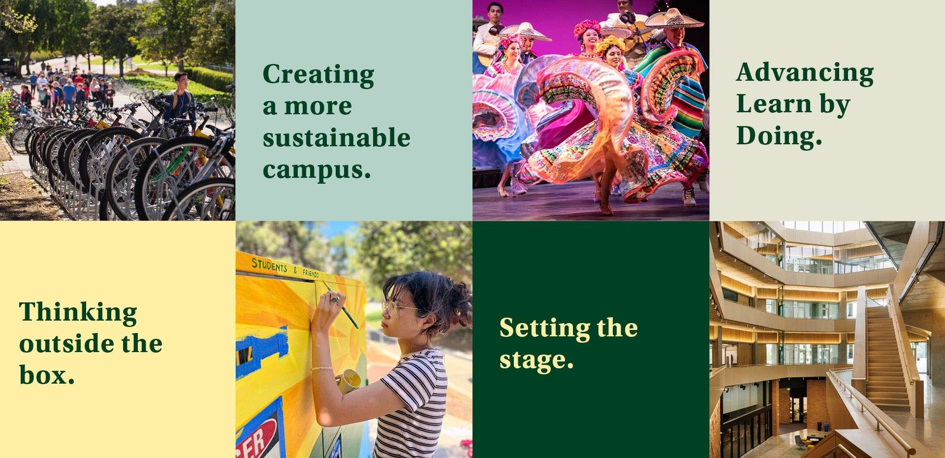 Students walking near bike racks, dancers in colorful traditional clothes, a woman painting, modern interior of a building.